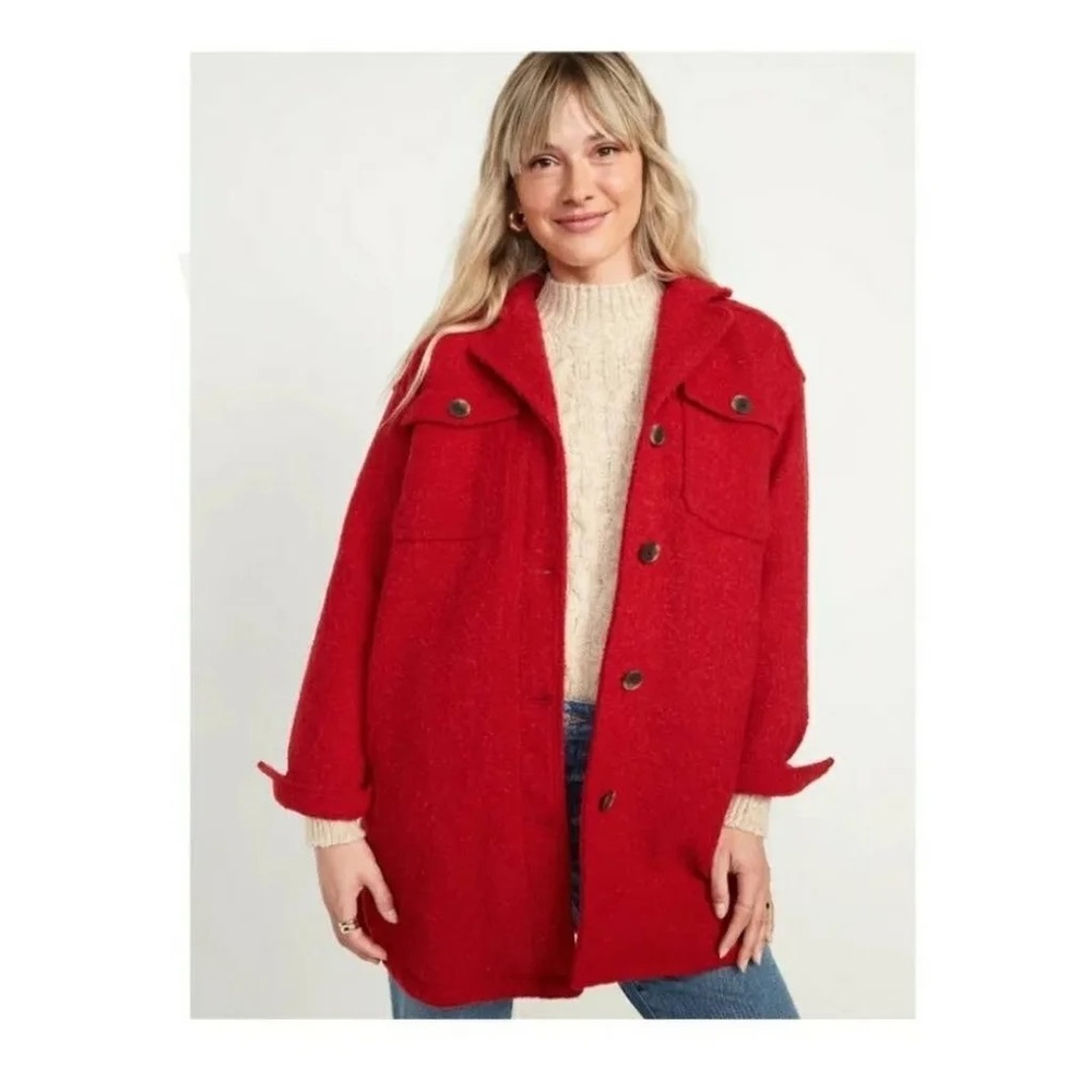 Old Navy Long Bouclè Textured Wool Blend Utility Red Shacket Plus Size in 2x